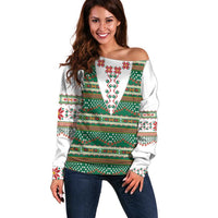 Lithuanian National Costume Off Shoulder Sweater Traditional Folk Pattern - Wonder Print Shop