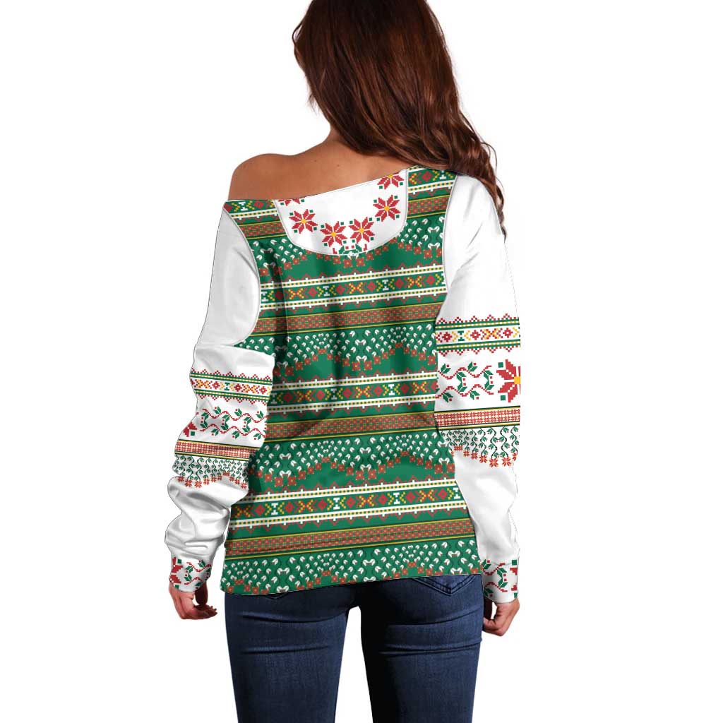 Lithuanian National Costume Off Shoulder Sweater Traditional Folk Pattern - Wonder Print Shop