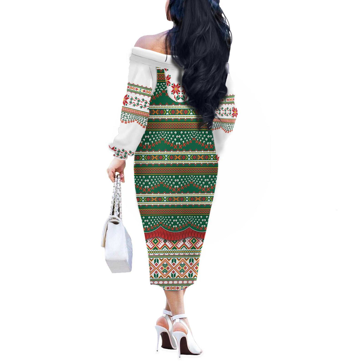 Lithuanian National Costume Off The Shoulder Long Sleeve Dress Traditional Folk Pattern - Wonder Print Shop