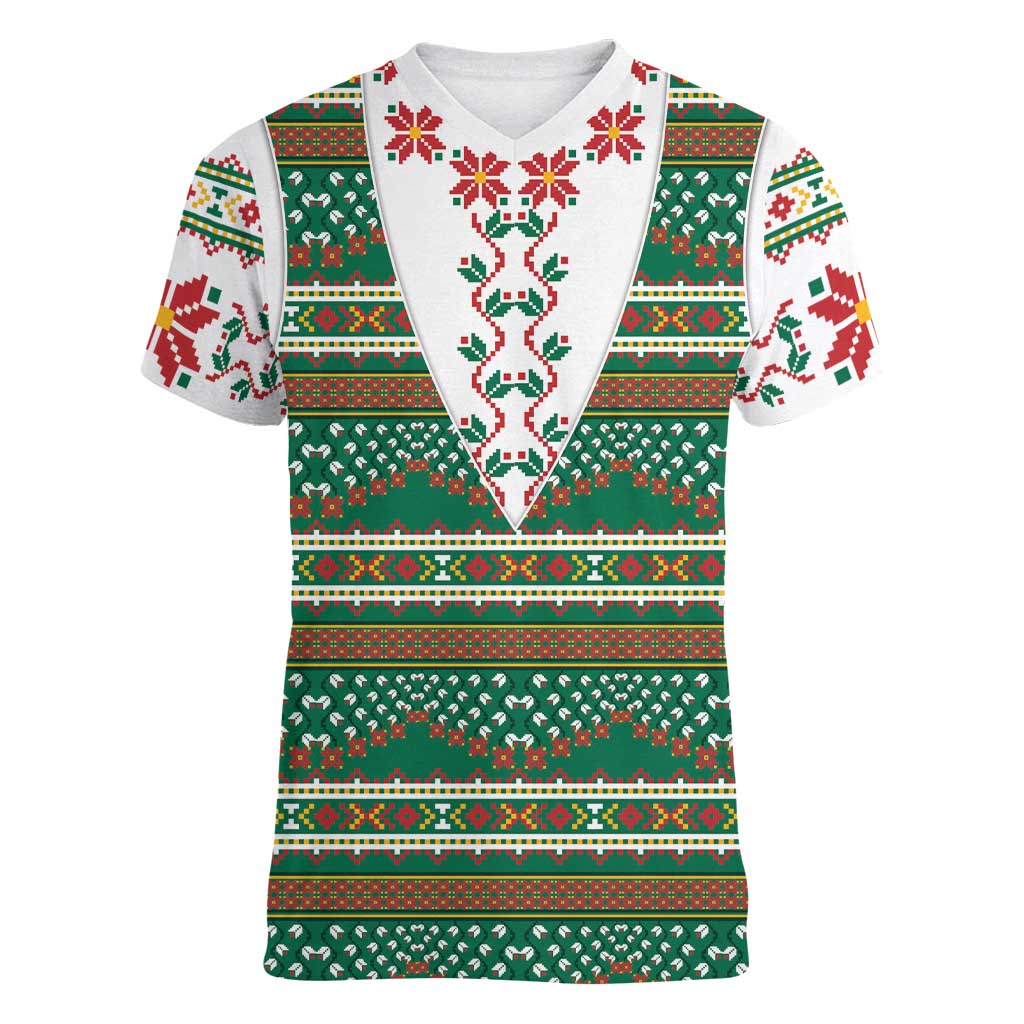 Lithuanian National Costume Women V-Neck T-Shirt Traditional Folk Pattern - Wonder Print Shop