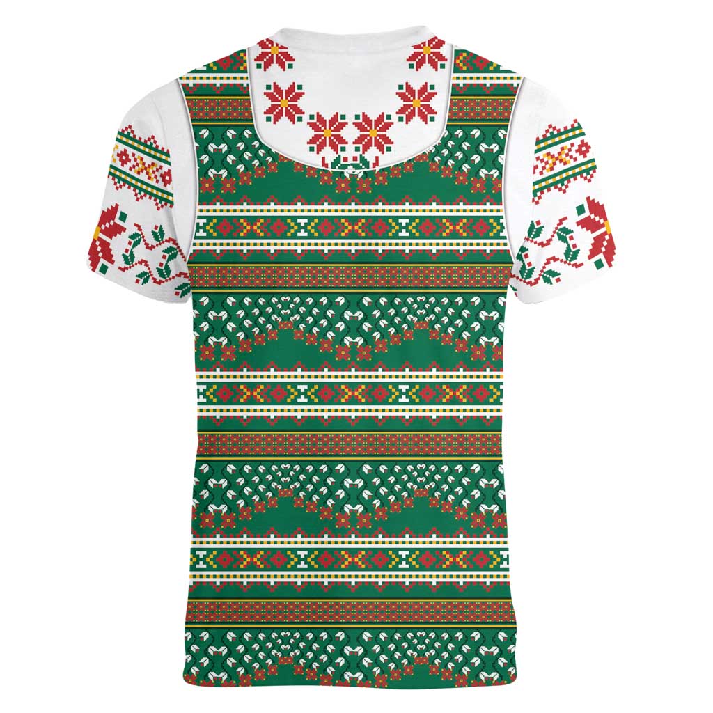 Lithuanian National Costume Women V-Neck T-Shirt Traditional Folk Pattern - Wonder Print Shop