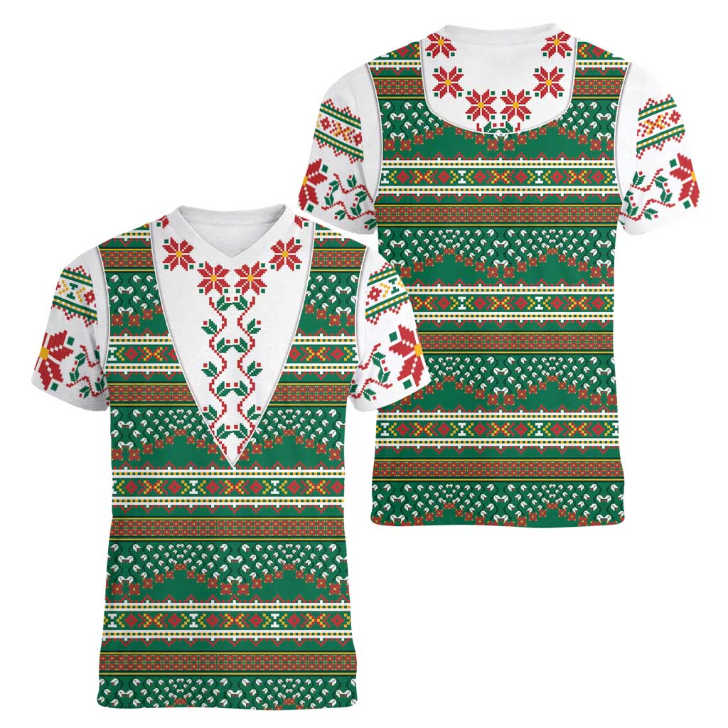 Lithuanian National Costume Women V-Neck T-Shirt Traditional Folk Pattern - Wonder Print Shop