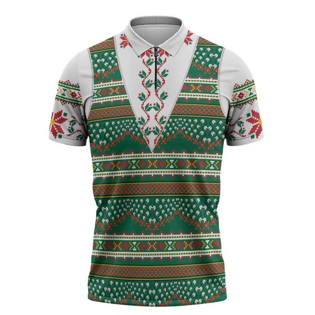 Lithuanian National Costume Zipper Polo Shirt Traditional Folk Pattern - Wonder Print Shop