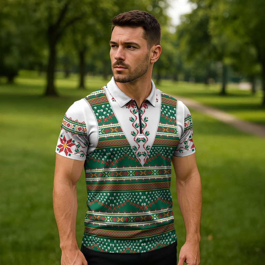 Lithuanian National Costume Zipper Polo Shirt Traditional Folk Pattern - Wonder Print Shop