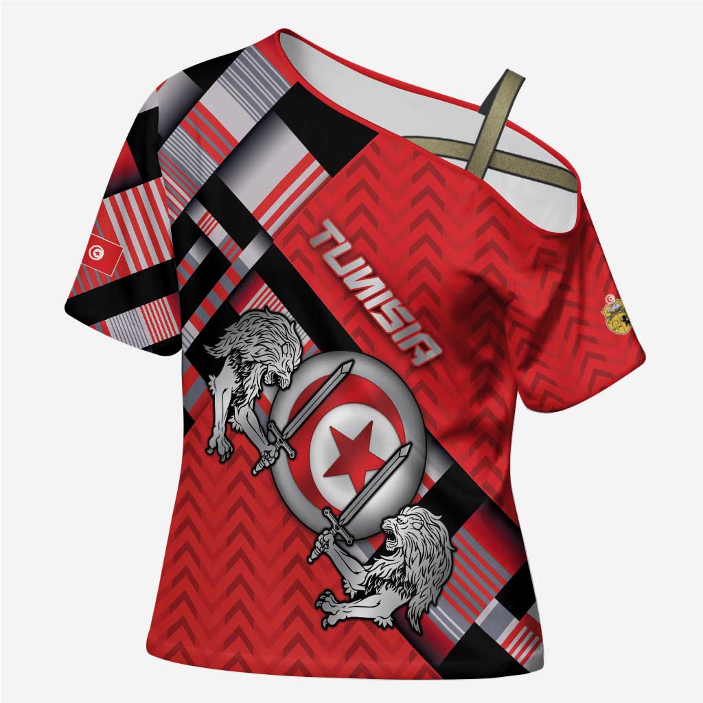 Personalized Tunisia Cross Shoulder Shirt Silver Lions Sports Patterns - Wonder Print Shop