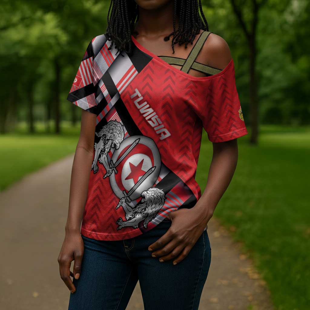 Personalized Tunisia Cross Shoulder Shirt Silver Lions Sports Patterns - Wonder Print Shop