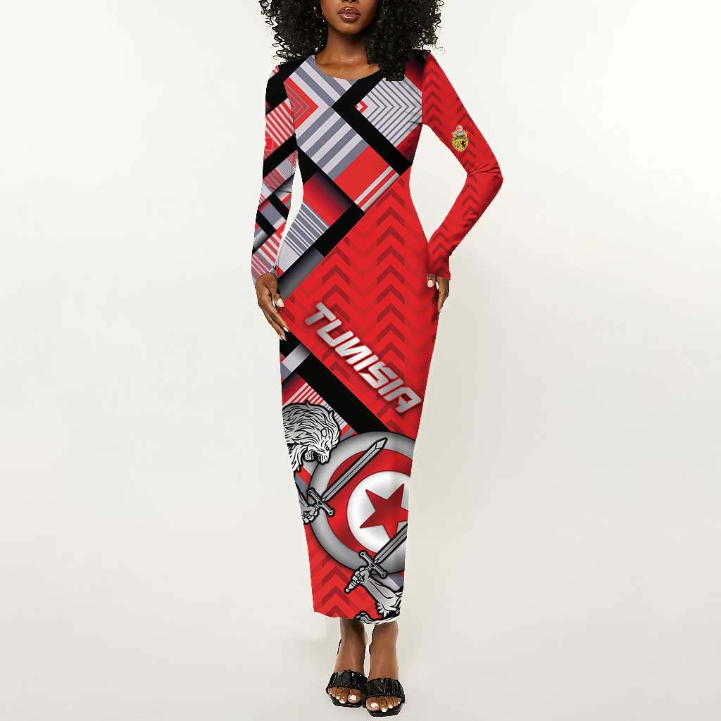 Personalized Tunisia Long Sleeve Bodycon Dress Silver Lions Sports Patterns - Wonder Print Shop