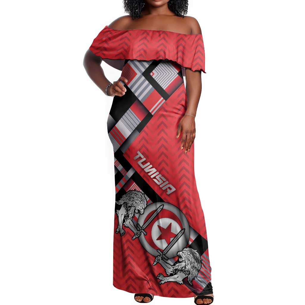 Personalized Tunisia Off Shoulder Maxi Dress Silver Lions Sports Patterns - Wonder Print Shop