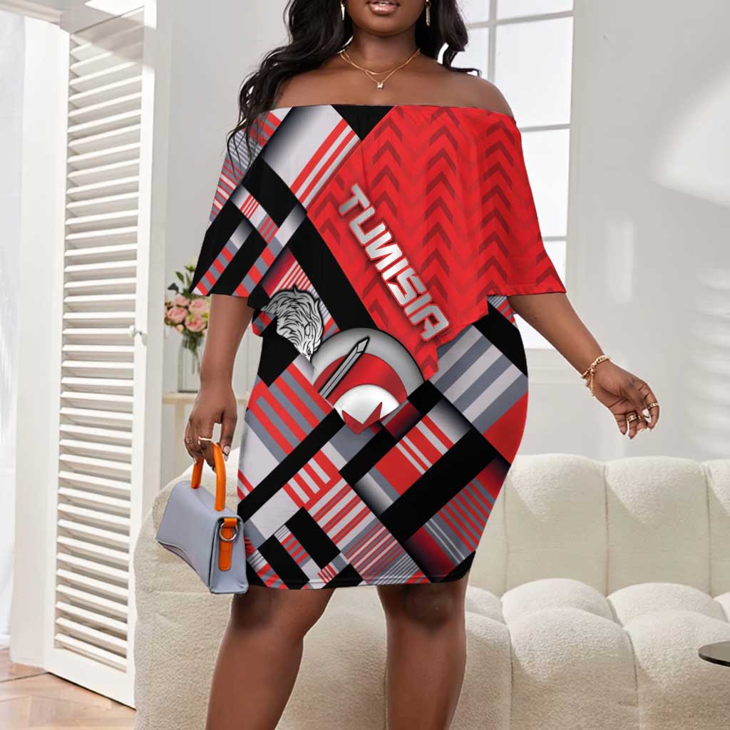 Personalized Tunisia Off Shoulder Short Dress Silver Lions Sports Patterns - Wonder Print Shop