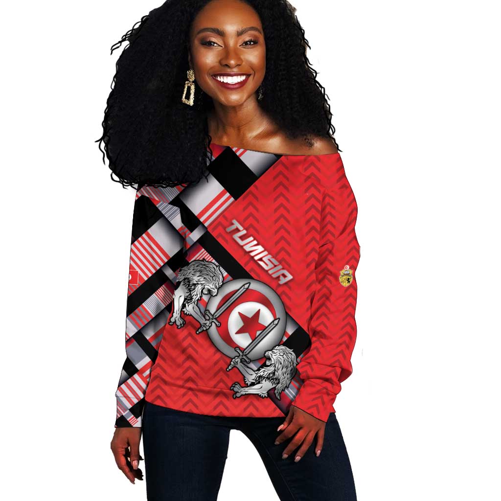 Personalized Tunisia Off Shoulder Sweater Silver Lions Sports Patterns - Wonder Print Shop