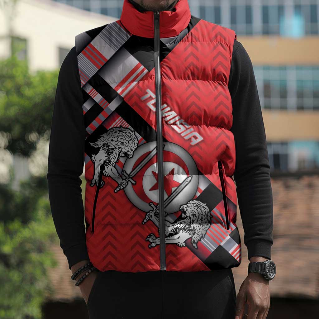 Personalized Tunisia Sleeveless Puffer Jacket Silver Lions Sports Patterns - Wonder Print Shop