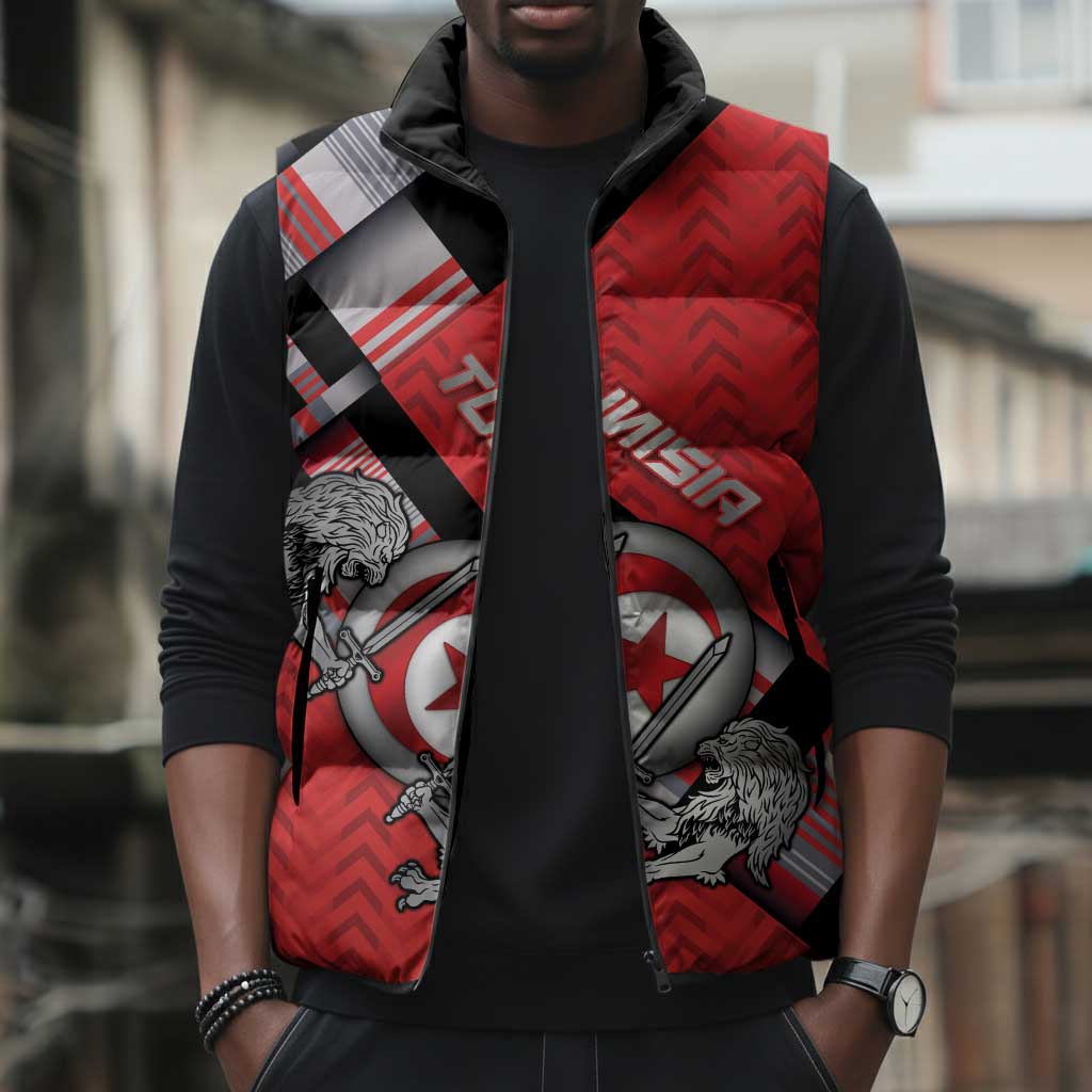 Personalized Tunisia Sleeveless Puffer Jacket Silver Lions Sports Patterns - Wonder Print Shop