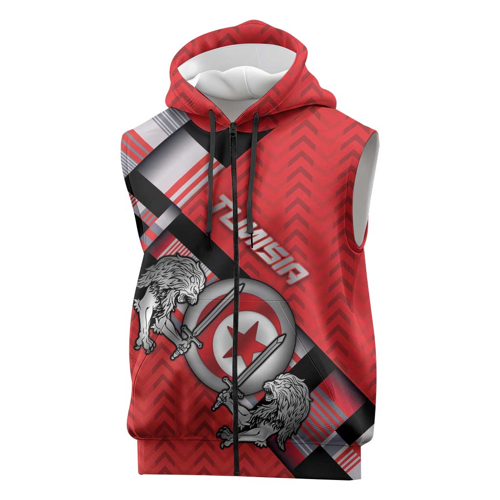 Personalized Tunisia Sleeveless Zip Hoodie Silver Lions Sports Patterns - Wonder Print Shop