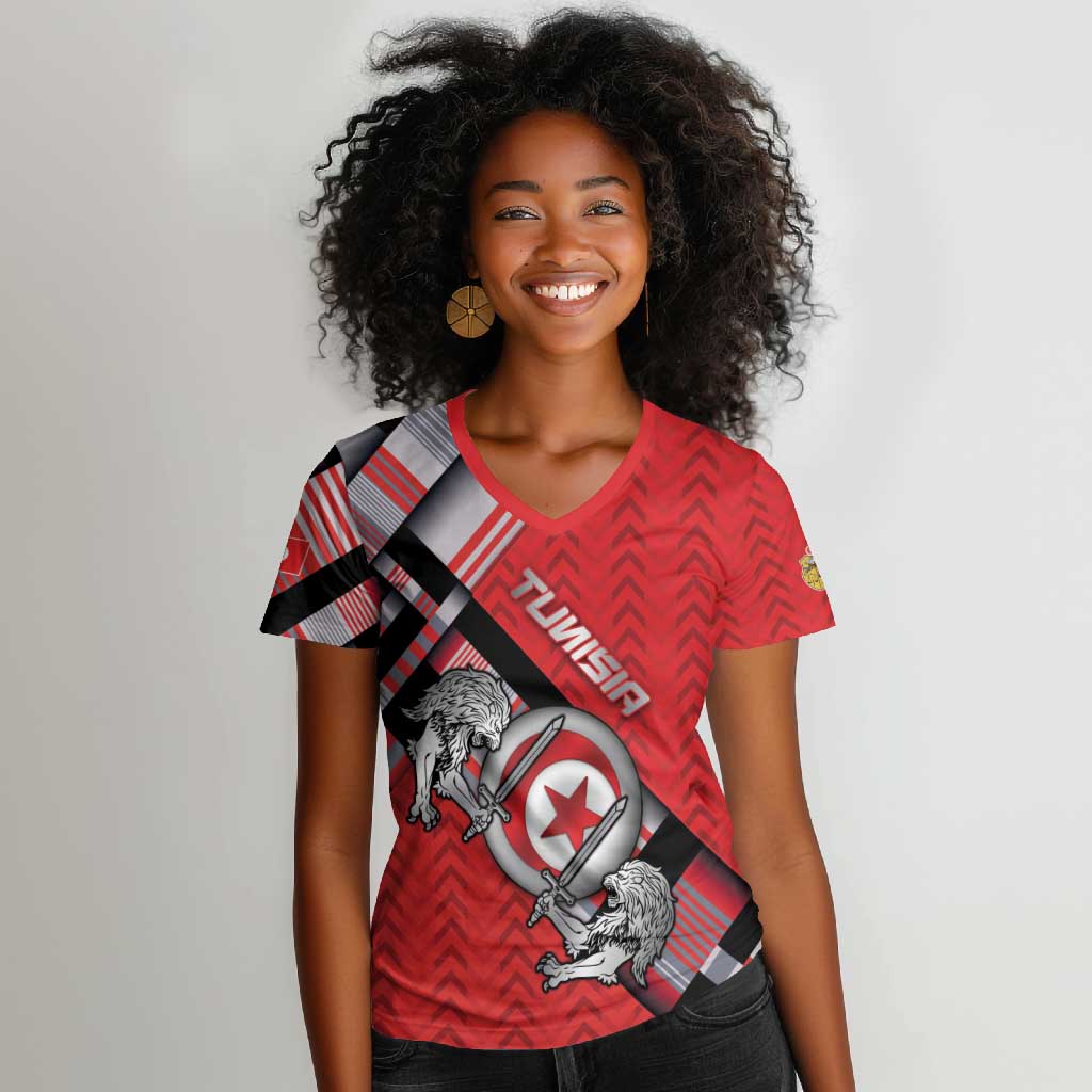 Personalized Tunisia Women V-Neck T-Shirt Silver Lions Sports Patterns - Wonder Print Shop