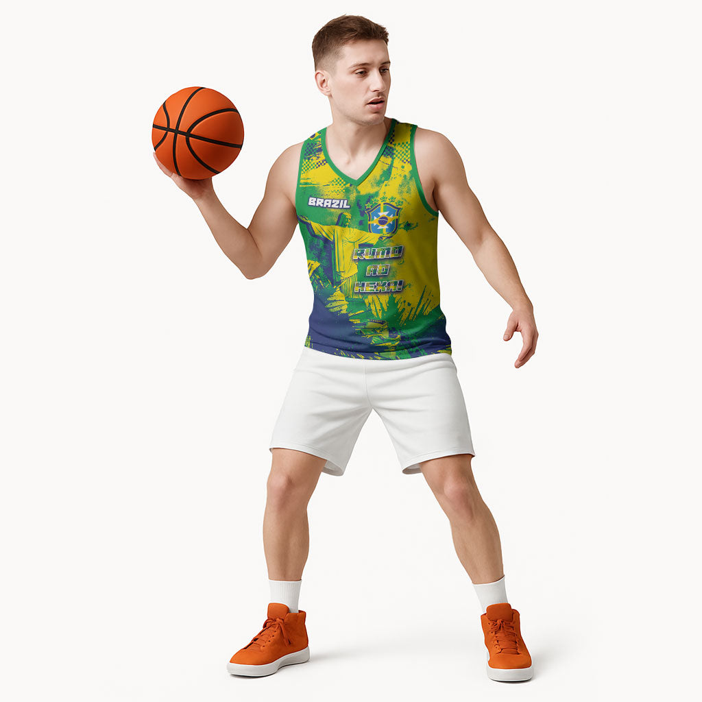 Custom Brazil Football Basketball Jersey Rumo Ao Hexa Grunge Style