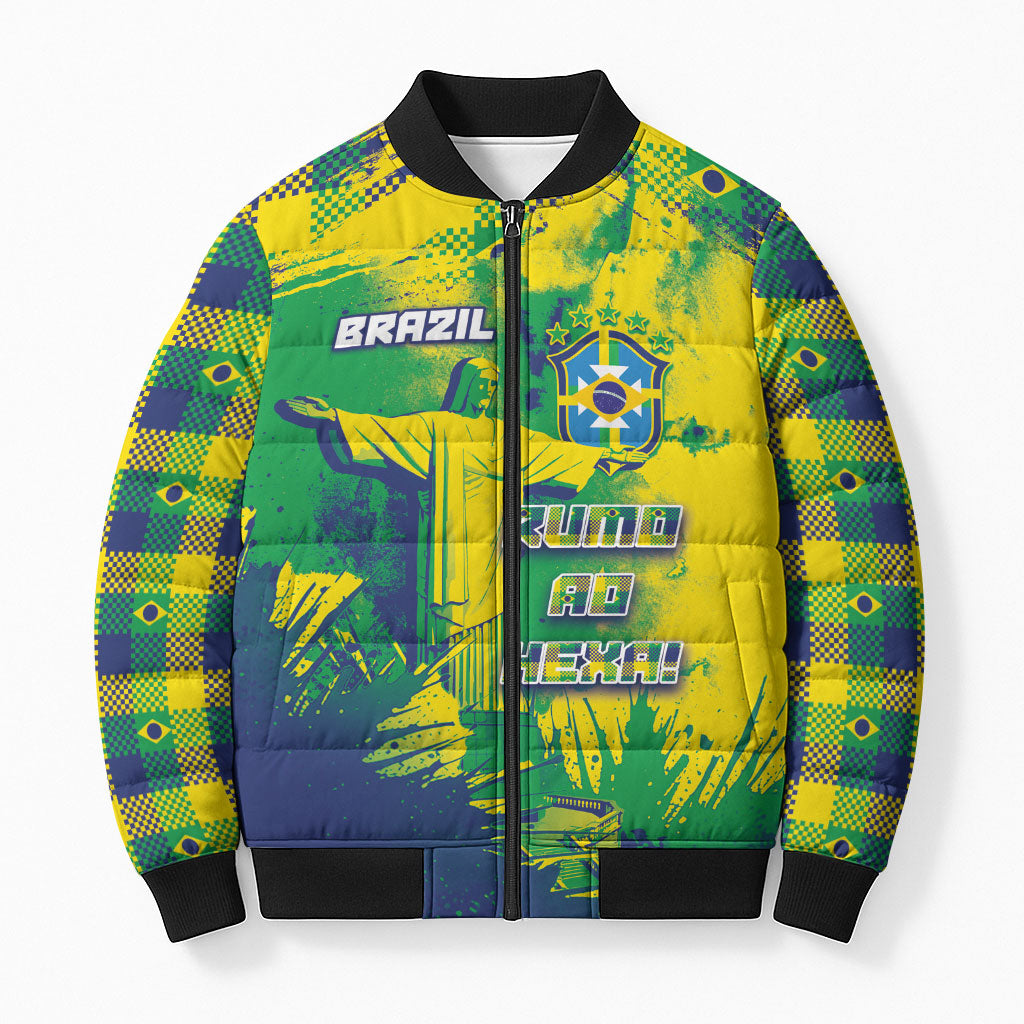 Custom Brazil Football Bomber Puffer Jacket Rumo Ao Hexa Grunge Style