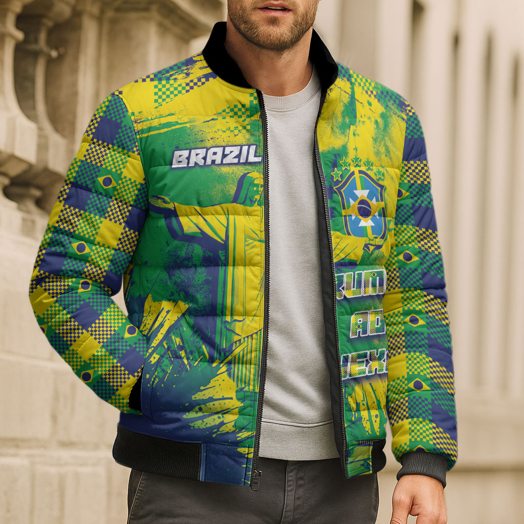 Custom Brazil Football Bomber Puffer Jacket Rumo Ao Hexa Grunge Style