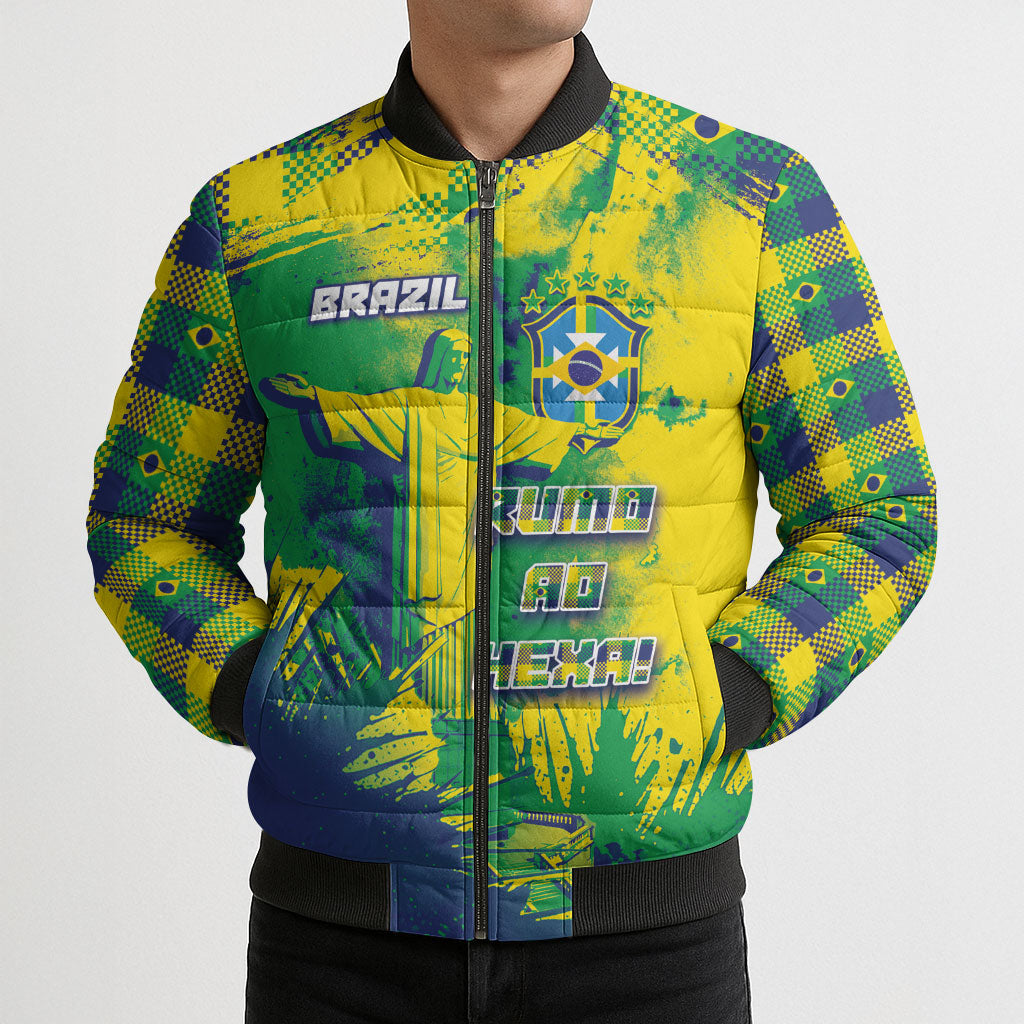 Custom Brazil Football Bomber Puffer Jacket Rumo Ao Hexa Grunge Style