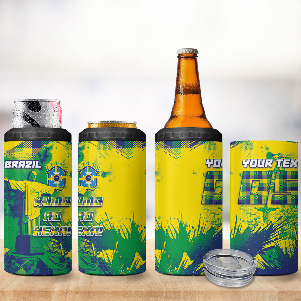 Custom Brazil Football 4 in 1 Can Cooler Tumbler Rumo Ao Hexa Grunge Style