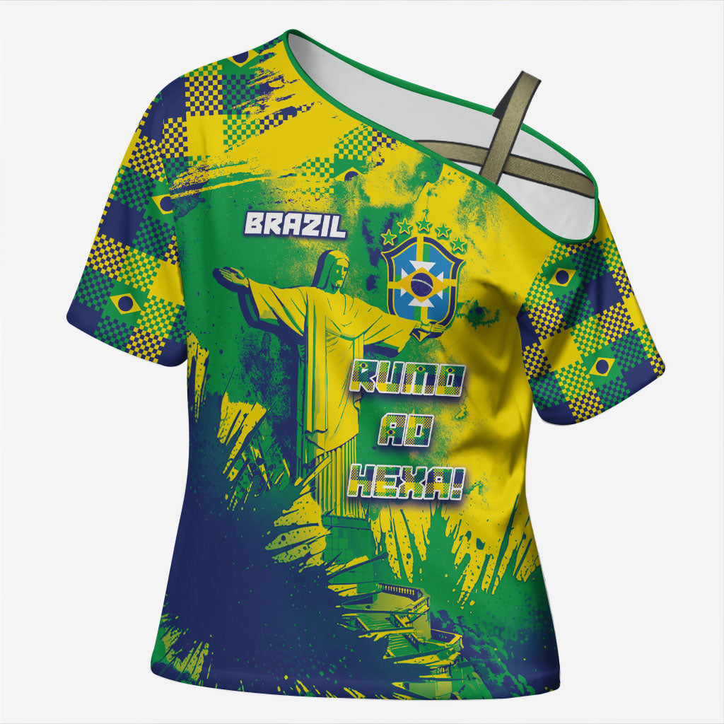 Custom Brazil Football Cross Shoulder Shirt Rumo Ao Hexa Grunge Style
