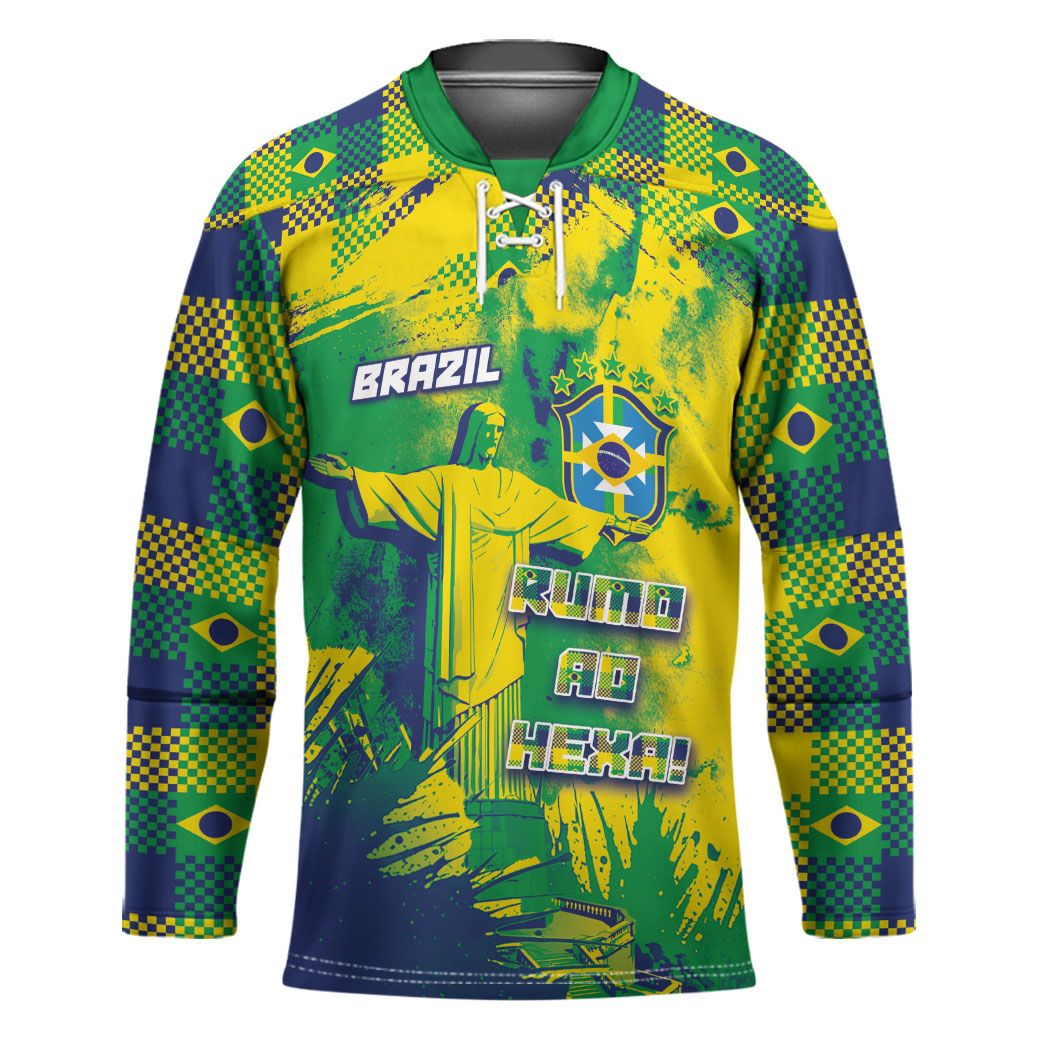 Custom Brazil Football Hockey Jersey Rumo Ao Hexa Grunge Style