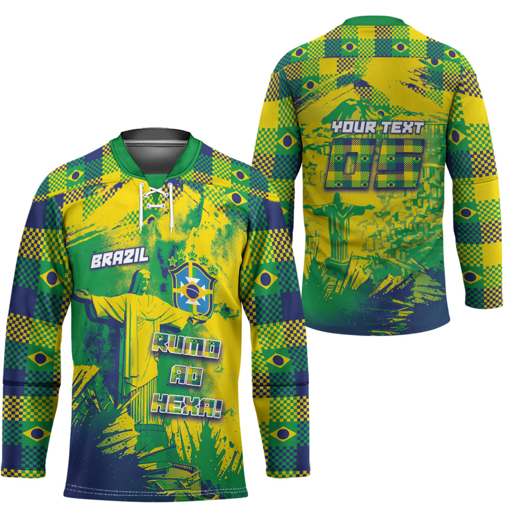 Custom Brazil Football Hockey Jersey Rumo Ao Hexa Grunge Style