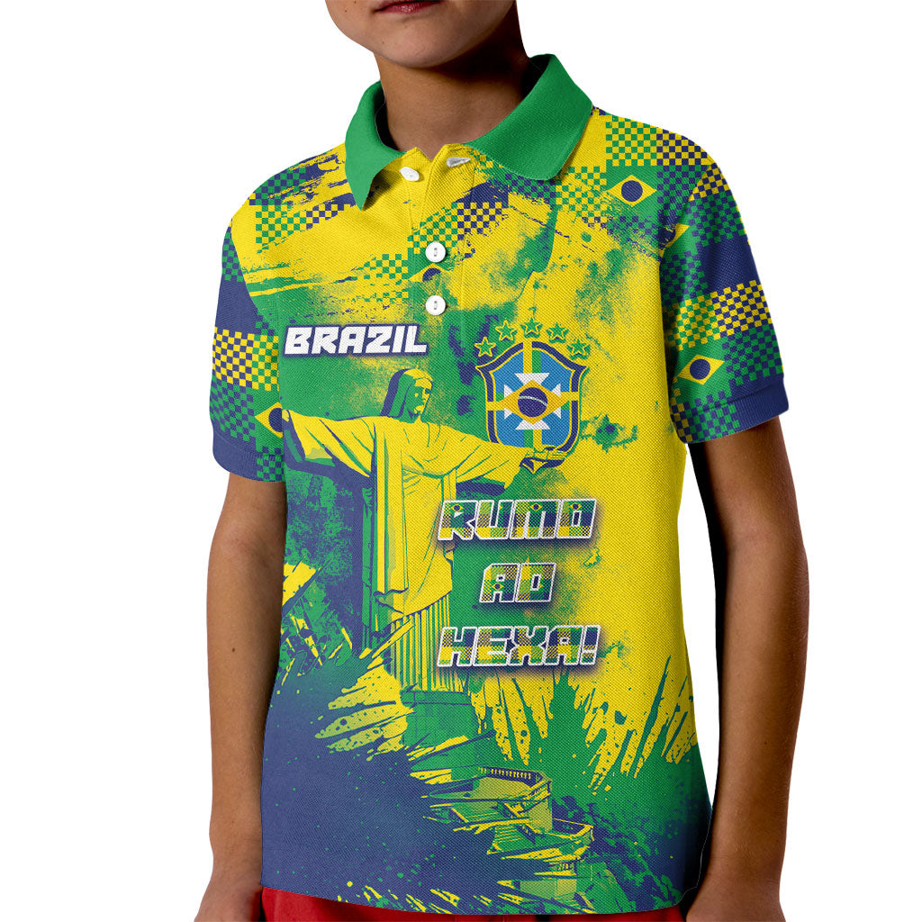 Custom Brazil Football Kid Polo Shirt Rumo Ao Hexa Grunge Style