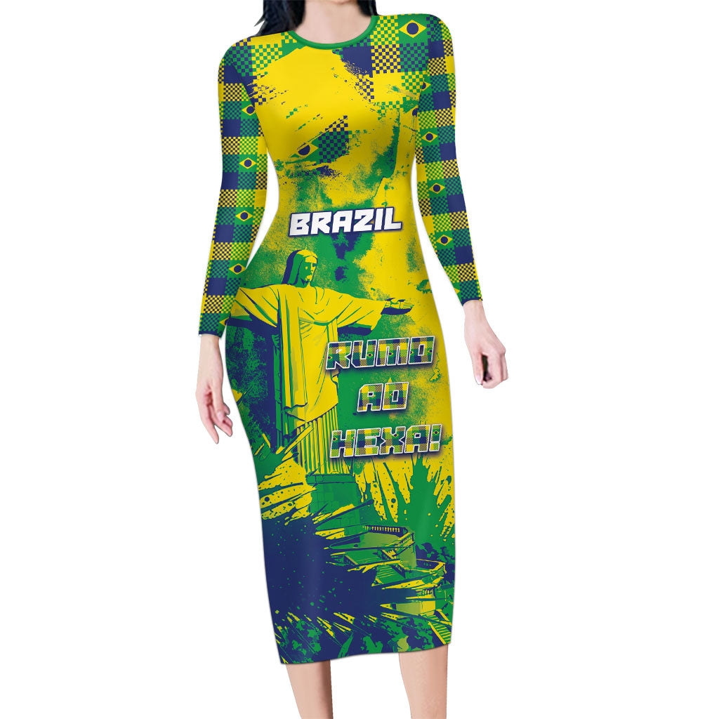 Custom Brazil Football Long Sleeve Bodycon Dress Rumo Ao Hexa Grunge Style