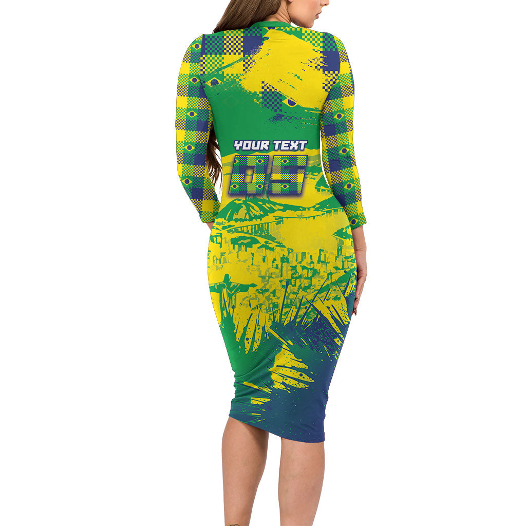 Custom Brazil Football Long Sleeve Bodycon Dress Rumo Ao Hexa Grunge Style