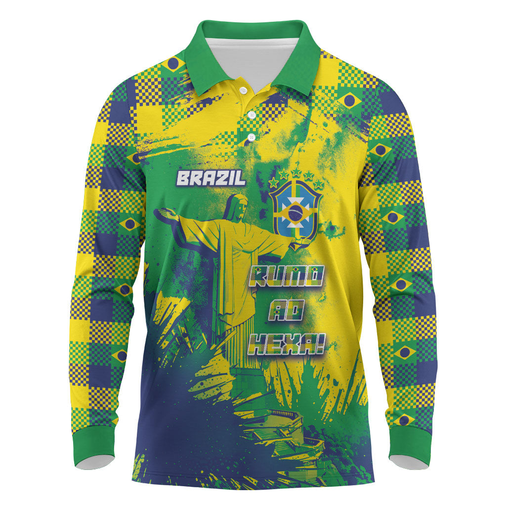Custom Brazil Football Long Sleeve Polo Shirt Rumo Ao Hexa Grunge Style