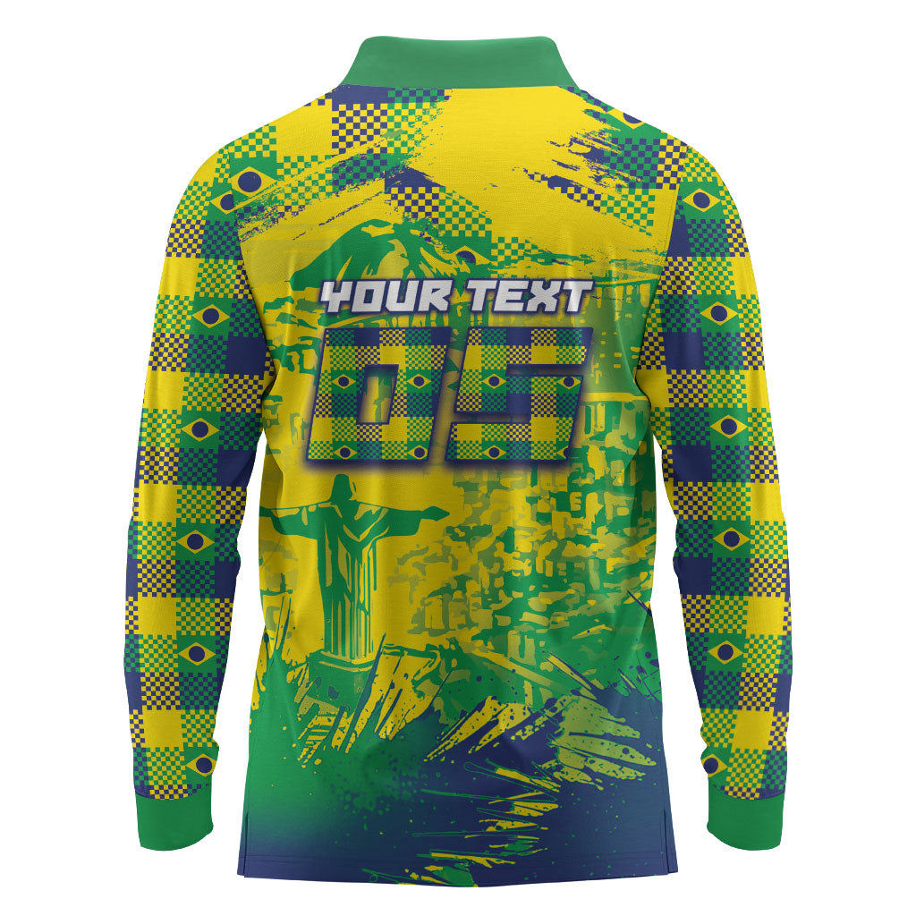 Custom Brazil Football Long Sleeve Polo Shirt Rumo Ao Hexa Grunge Style