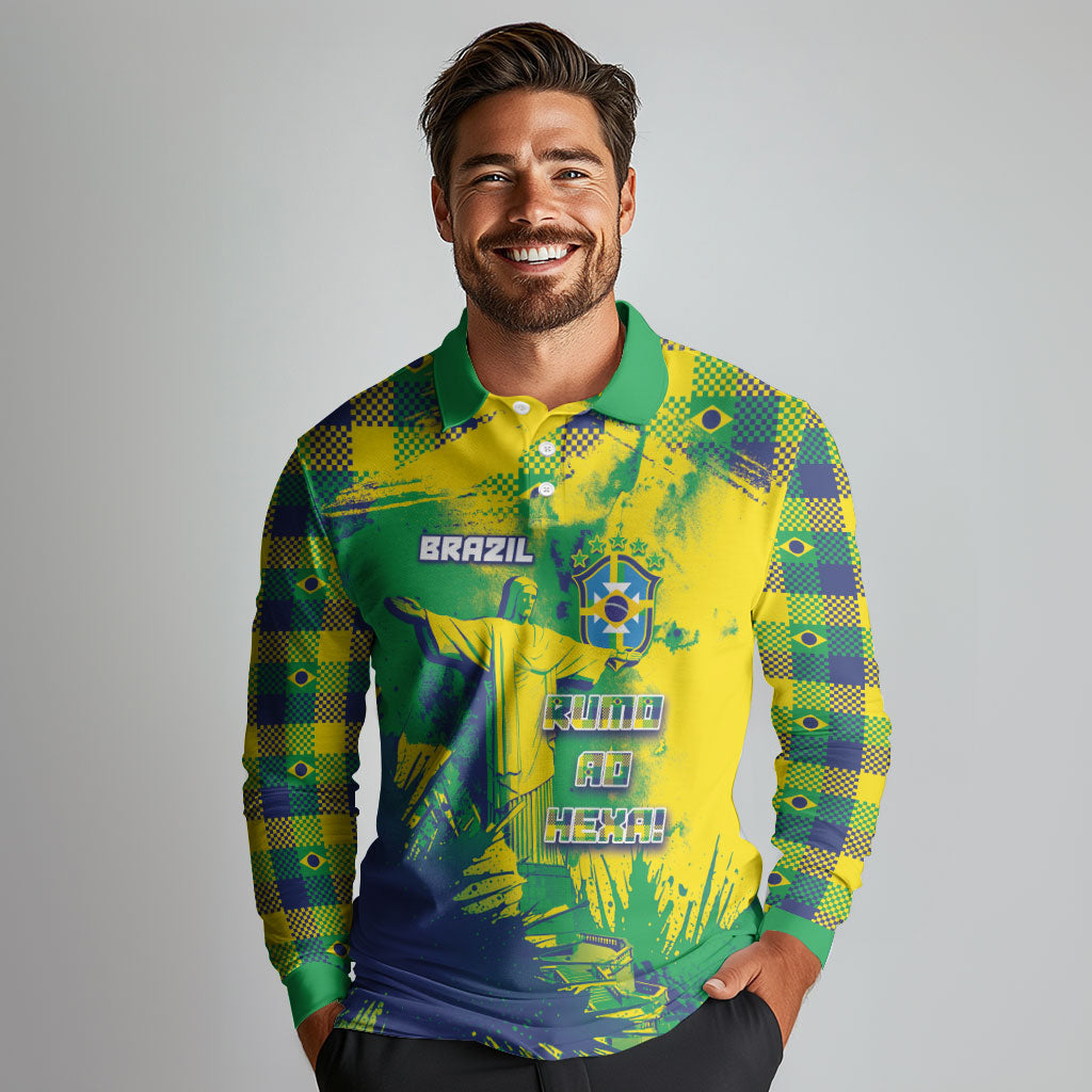 Custom Brazil Football Long Sleeve Polo Shirt Rumo Ao Hexa Grunge Style