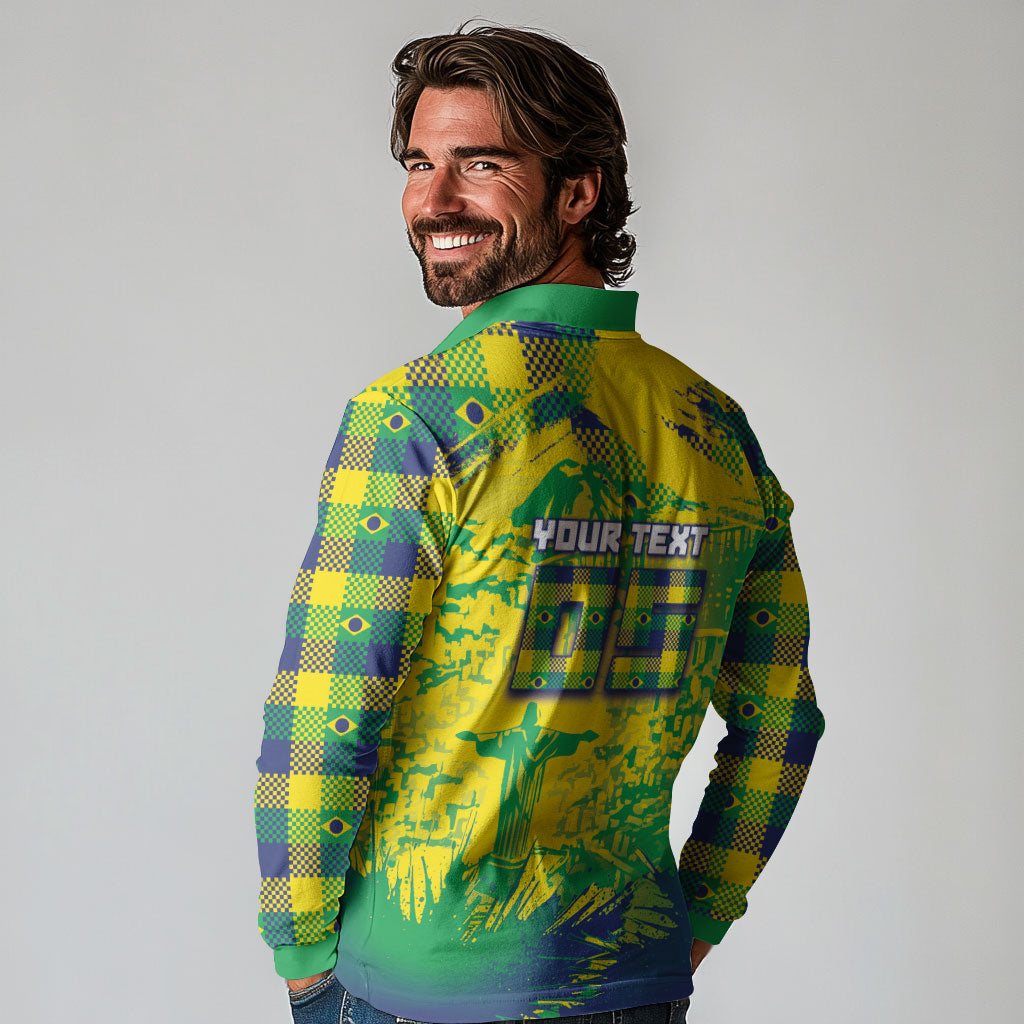 Custom Brazil Football Long Sleeve Polo Shirt Rumo Ao Hexa Grunge Style