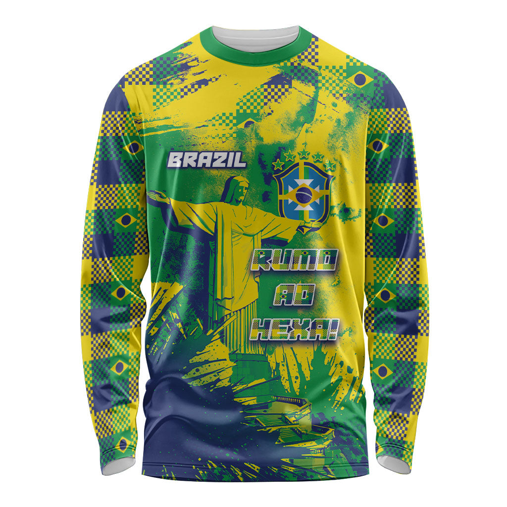Custom Brazil Football Long Sleeve Shirt Rumo Ao Hexa Grunge Style