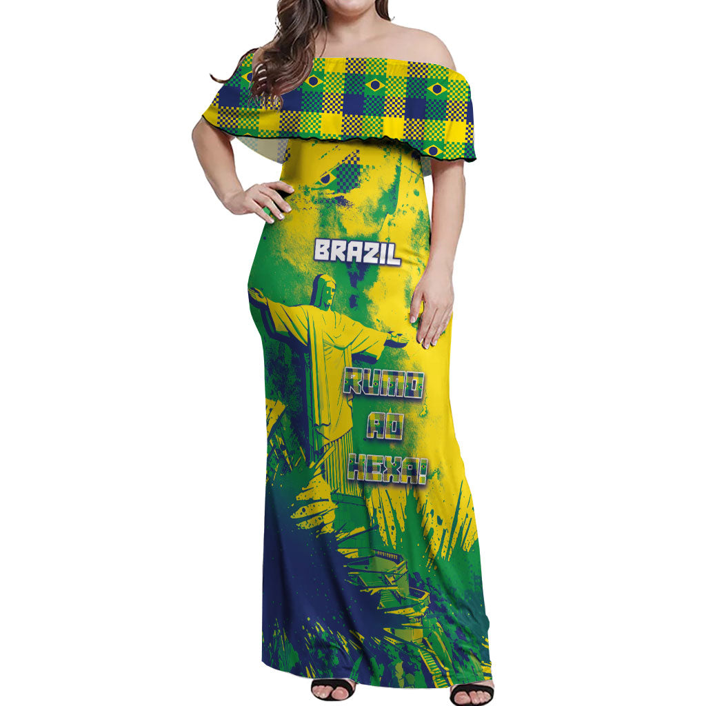Custom Brazil Football Off Shoulder Maxi Dress Rumo Ao Hexa Grunge Style