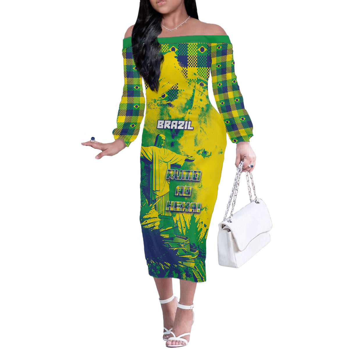 Custom Brazil Football Off The Shoulder Long Sleeve Dress Rumo Ao Hexa Grunge Style