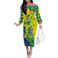 Custom Brazil Football Off The Shoulder Long Sleeve Dress Rumo Ao Hexa Grunge Style