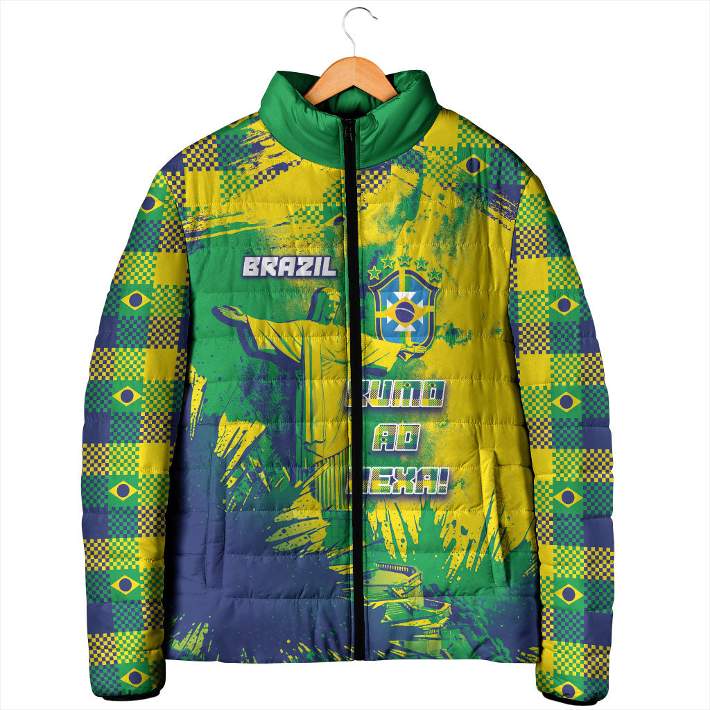 Custom Brazil Football Padded Jacket Rumo Ao Hexa Grunge Style