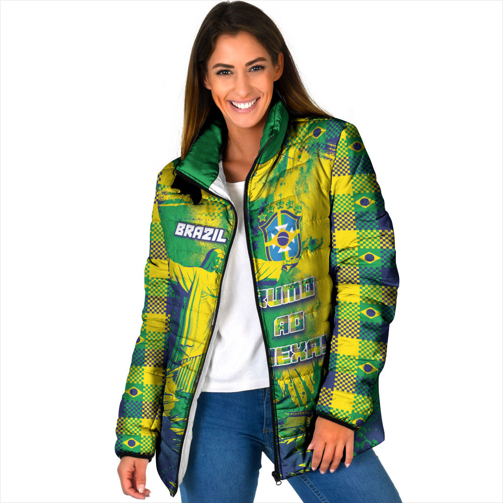 Custom Brazil Football Padded Jacket Rumo Ao Hexa Grunge Style
