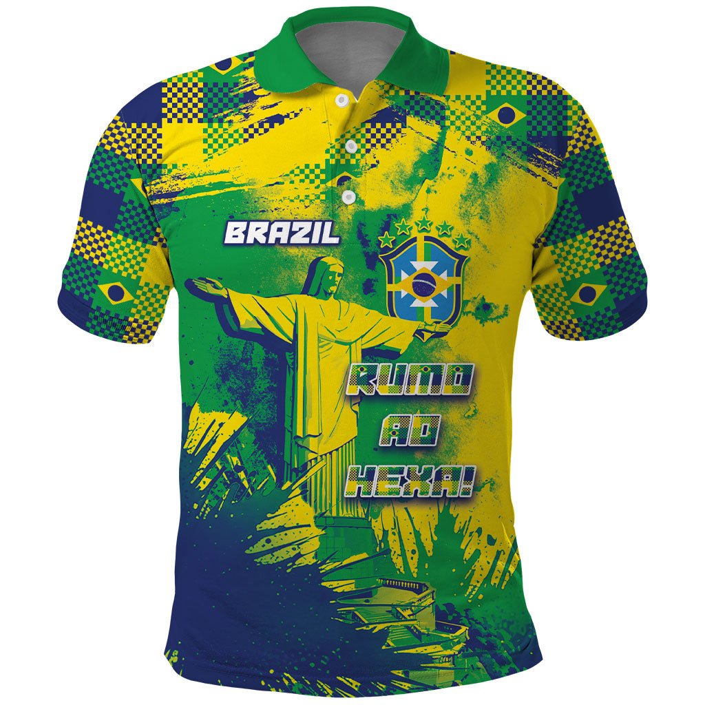 Custom Brazil Football Polo Shirt Rumo Ao Hexa Grunge Style