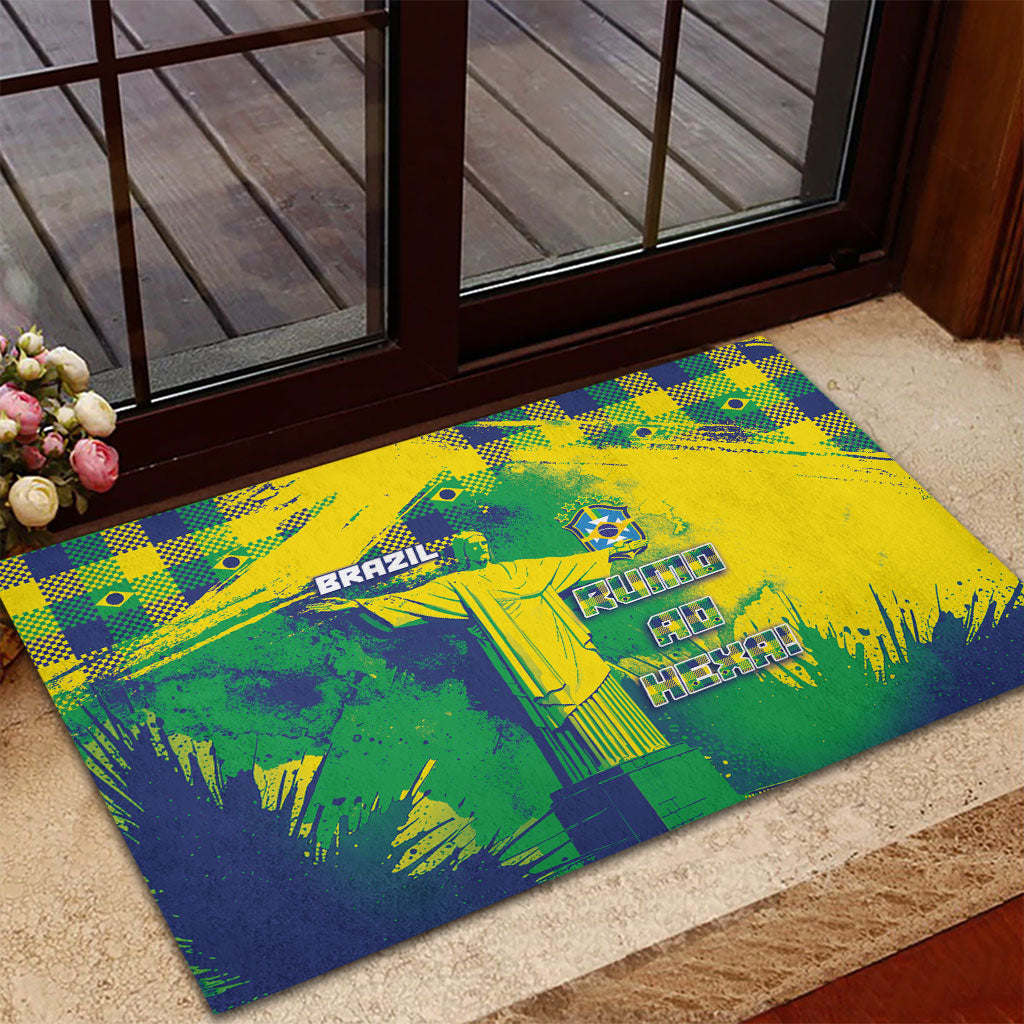 Brazil Football Rubber Doormat Rumo Ao Hexa Grunge Style