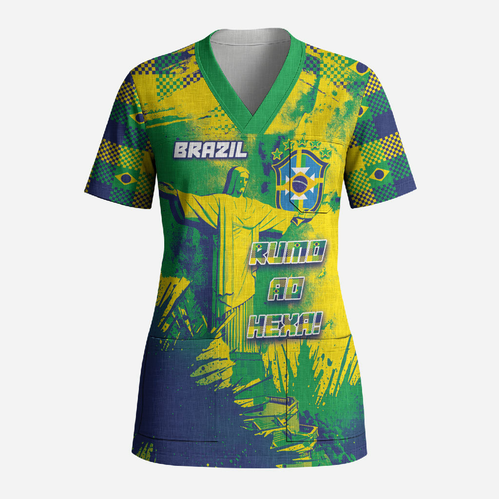 Custom Brazil Football Scrub Top Rumo Ao Hexa Grunge Style