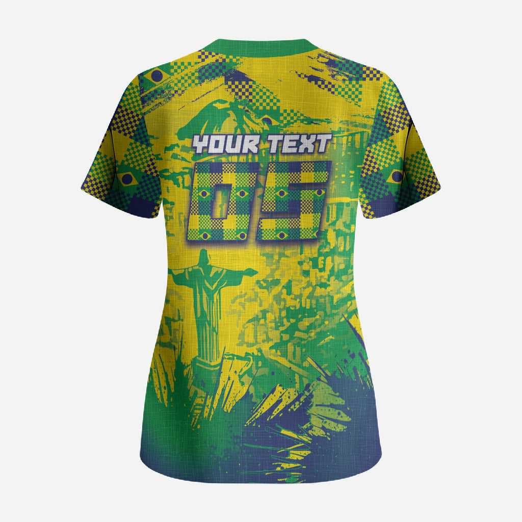 Custom Brazil Football Scrub Top Rumo Ao Hexa Grunge Style