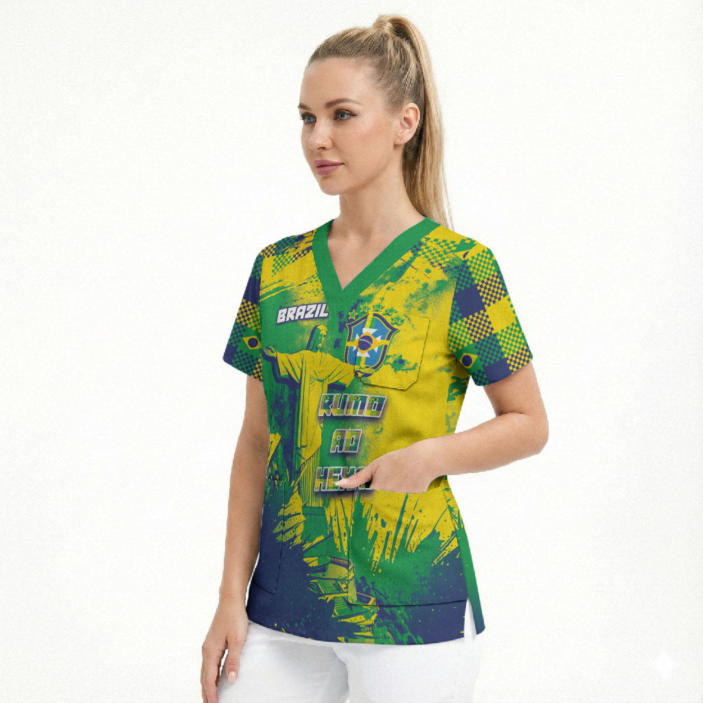 Custom Brazil Football Scrub Top Rumo Ao Hexa Grunge Style