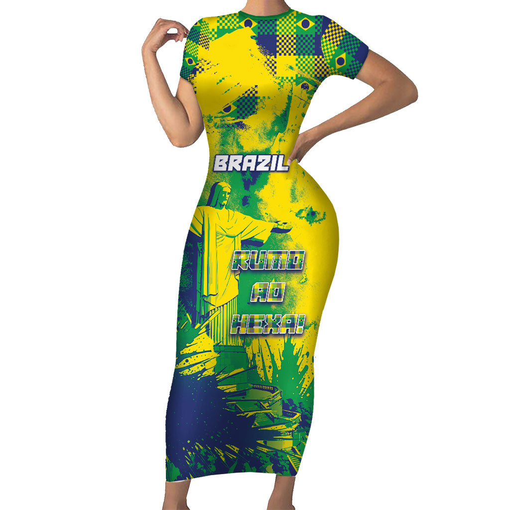 Custom Brazil Football Short Sleeve Bodycon Dress Rumo Ao Hexa Grunge Style
