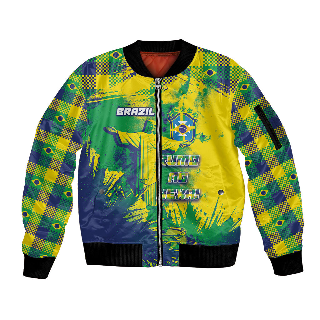 Custom Brazil Football Sleeve Zip Bomber Jacket Rumo Ao Hexa Grunge Style