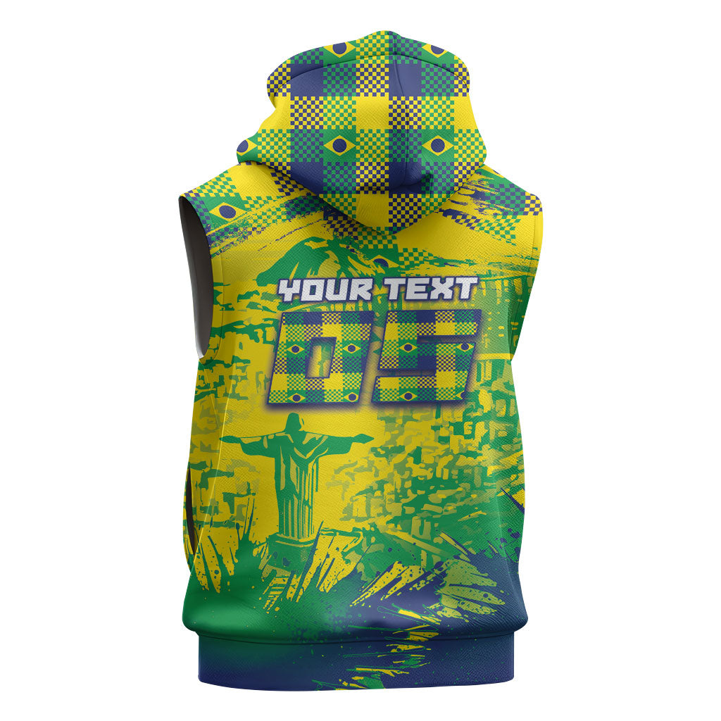 Custom Brazil Football Sleeveless Hoodie Rumo Ao Hexa Grunge Style