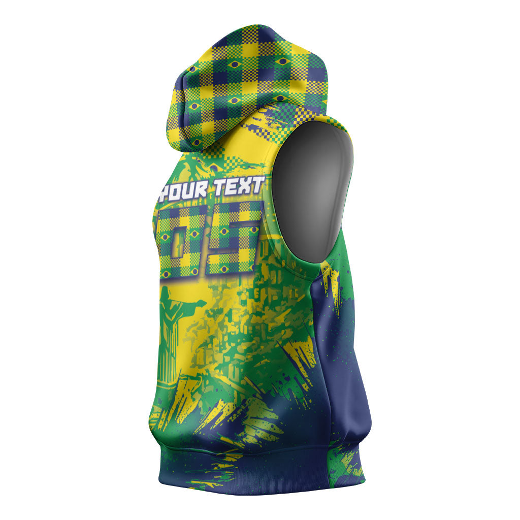 Custom Brazil Football Sleeveless Hoodie Rumo Ao Hexa Grunge Style