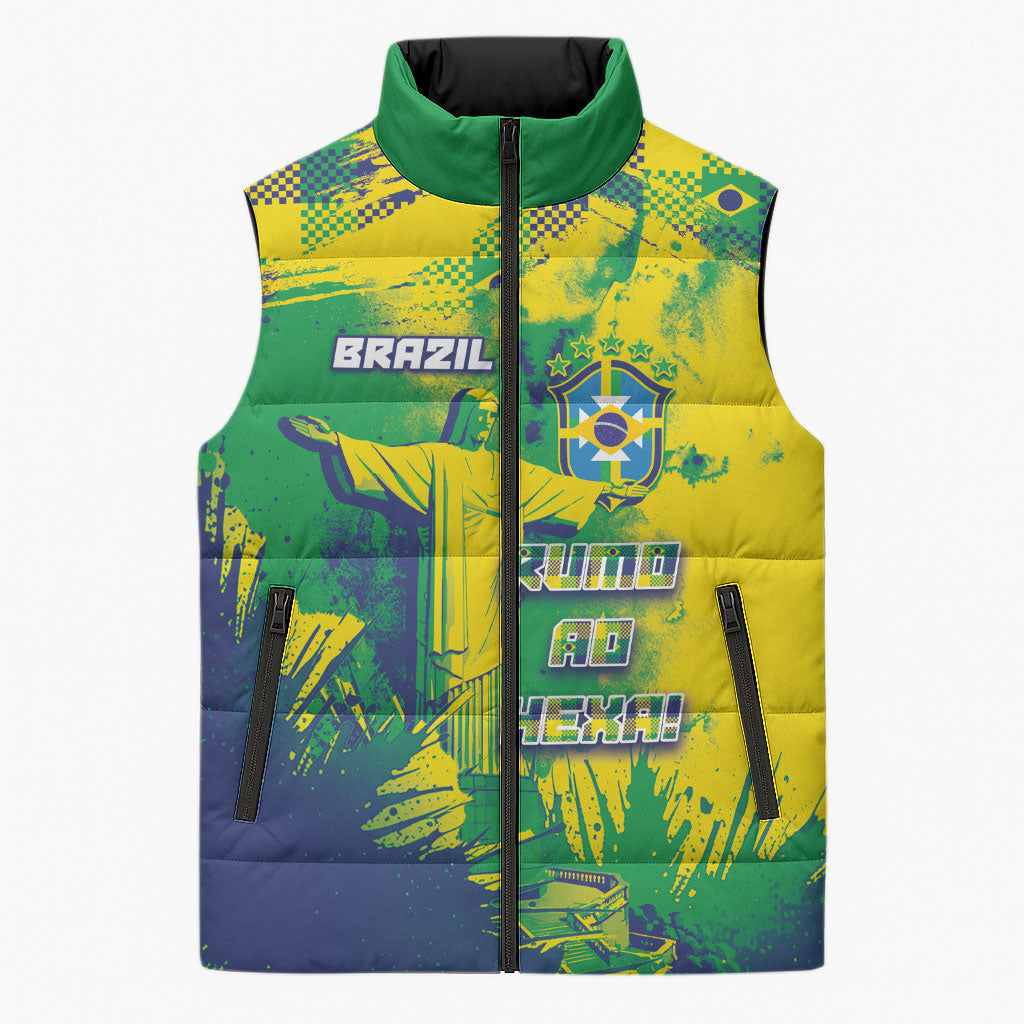 Custom Brazil Football Sleeveless Puffer Jacket Rumo Ao Hexa Grunge Style