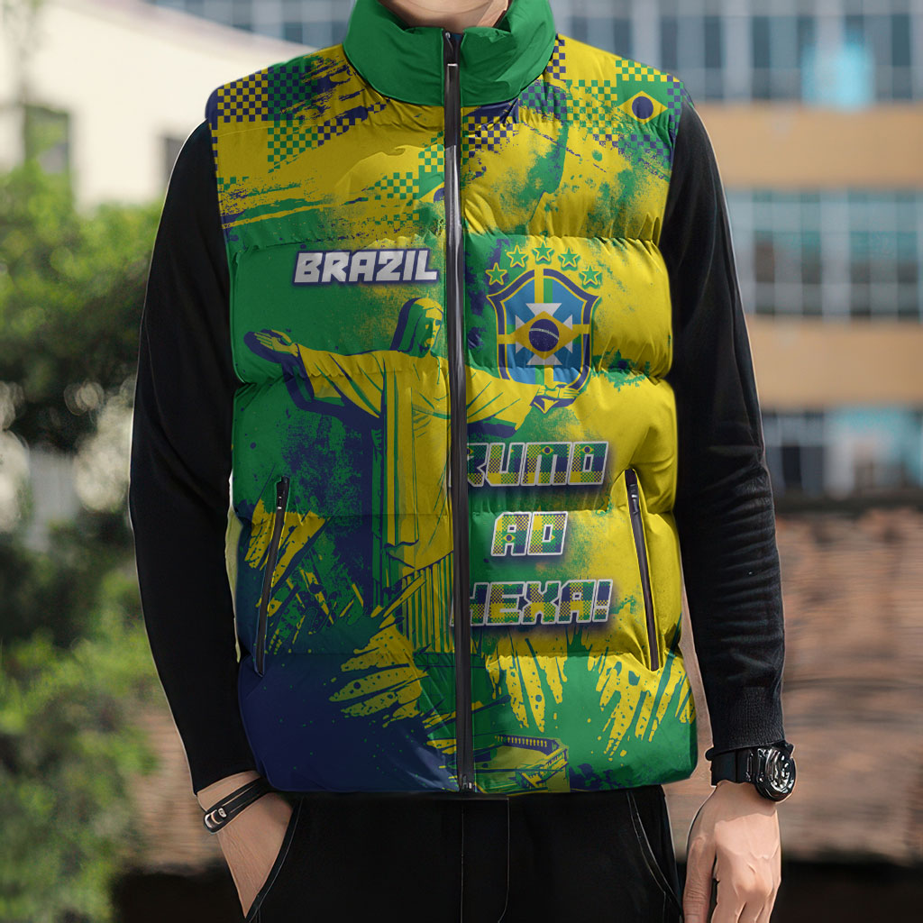 Custom Brazil Football Sleeveless Puffer Jacket Rumo Ao Hexa Grunge Style